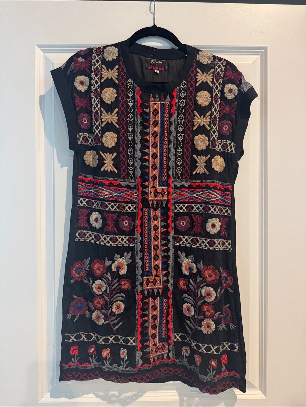 Johnny Was Black Top with Multicolor Embroidered Panels